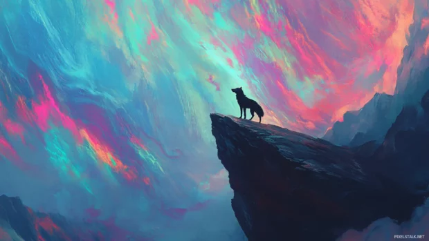 This aurora borealis wolf wallpaper features a black wolf on a cliff under swirling colors.