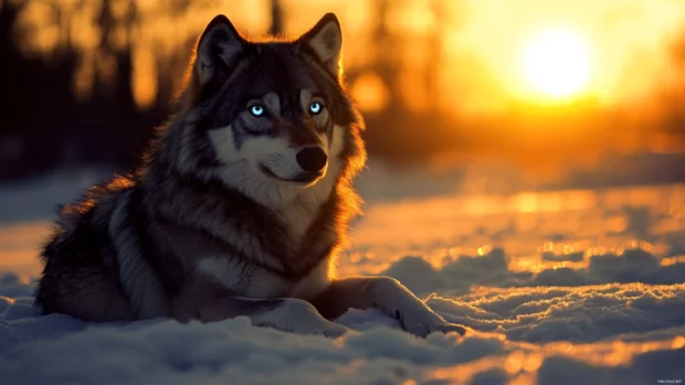 This beautiful wolf wallpaper captures a blue eyed wolf gazing across a snowfield at sunrise.