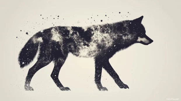 This black and white wolf wallpaper minimalist concept uses negative space to form the wolf body with stars.