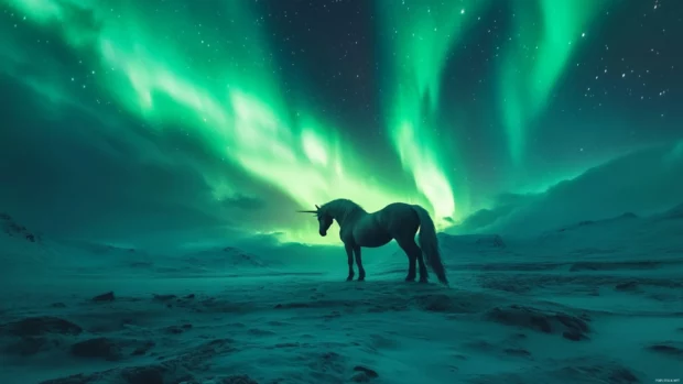 This breathtaking Unicorn Wallpaper 4K shows the unicorn beneath a glowing aurora sky.