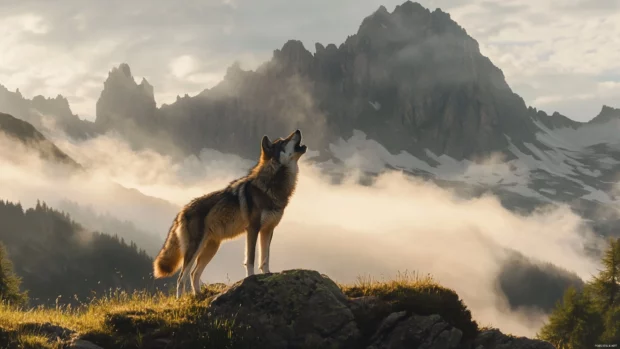 This cinematic wolf wallpaper in the mountains shows the beast howling into morning mist.