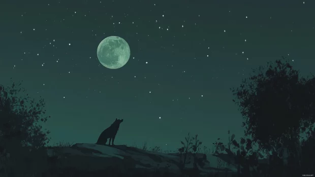 This epic wolf moon wallpaper shows glowing stars behind a wolf howling into night.