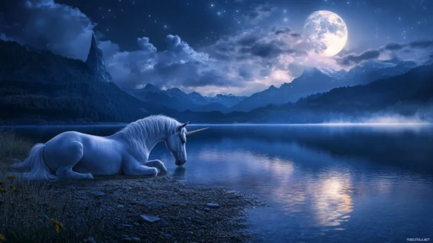 This fantasy Unicorn Wallpaper screens shows a unicorn resting beside a crystal lake under moonlight.