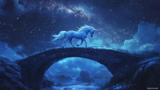 This fantasy Unicorn Wallpaper shows the unicorn crossing a starlit bridge.