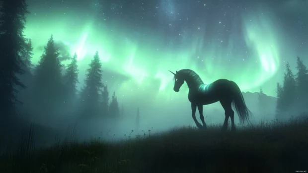 This fantasy scene of a Rainbow Unicorn wallpaper features the animal glowing beneath aurora skies.