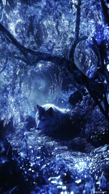 This fantasy white wolf wallpaper shows the beast under moonlit crystal trees glowing in blue.