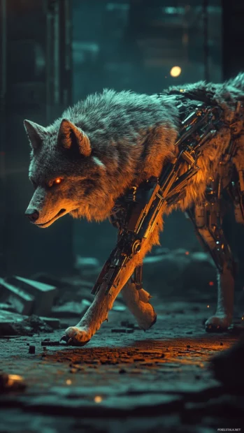This futuristic 3D wolf background features a metallic biomechanical wolf walking through ruins.
