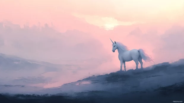 This high resolution Unicorn Wallpaper screens features a unicorn with a flowing mane standing in foggy hills.