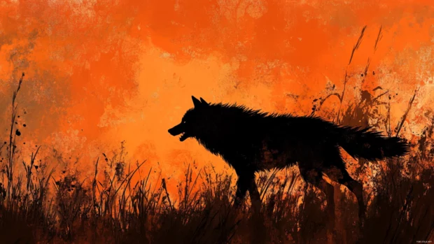 This howling wolf wallpaper shows a black wolf in silhouette against a burning orange sky.