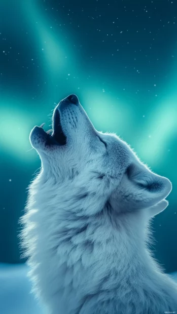 This howling wolf wallpaper shows the animal against soft northern lights and stars.