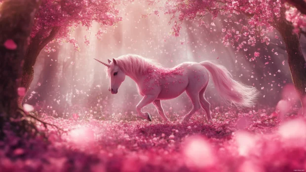 This magical scene of a pink unicorn walking through pink cherry blossom rain is perfect as a Pink Unicorn Wallpaper.