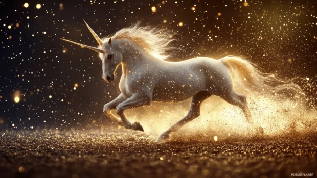 This magical unicorn glows in golden glitter in a perfect unicorn glitter wallpaper.