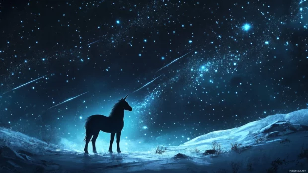 This majestic unicorn stands beneath stardust and comet trails in a Unicorn Wallpaper screens.