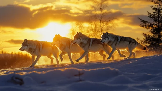 This majestic wolf pack wallpaper shows them descending a snowy ridge in golden hour light.