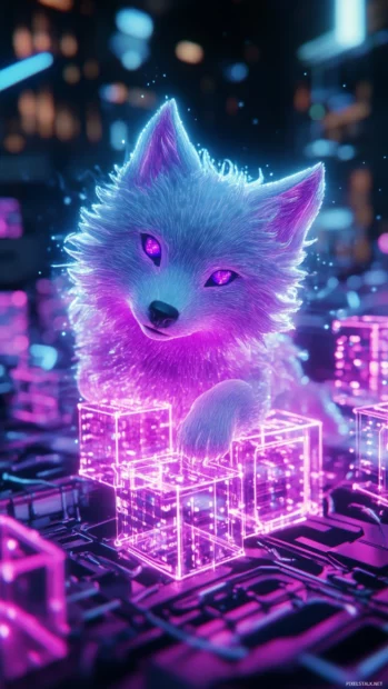 This neon wolf wallpaper for shows a chibi neon wolf floating among glowing data cubes.