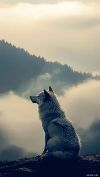 This peaceful yet powerful howling wolf wallpaper shows the beast alone under layered clouds.