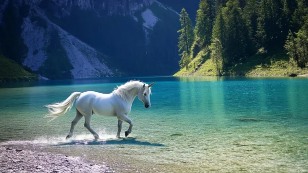 This realistic unicorn wallpaper captures the creature galloping beside a crystal clear lake.