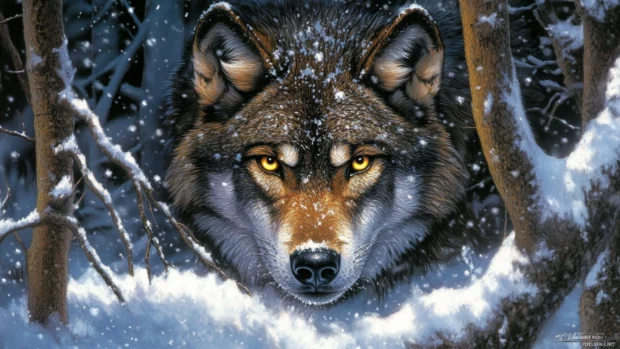 This realistic wolf desktop background captures the intense gaze of a timber wolf under soft snowfall.