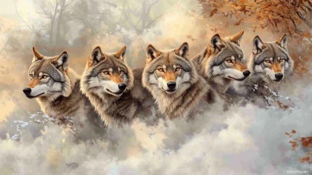 This realistic wolf pack wallpaper features five wolves staring fiercely through the mist.