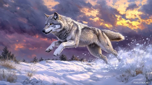 This realistic wolf wallpaper HD captures a grey wolf mid leap through snowy terrain at dusk.