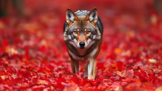 This red wolf wallpaper captures a lone predator walking through red autumn leaves.
