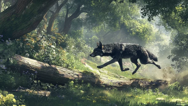 This running wolf wallpaper captures the exact moment the wolf leaps over a fallen tree in the forest.