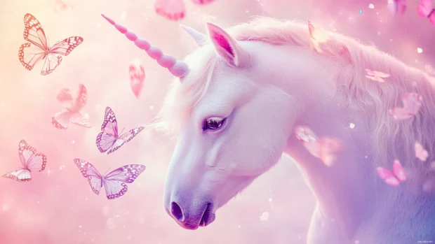 This soft and dreamy cute unicorn wallpaper features butterflies landing on a happy unicorn nose.