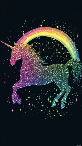 This unicorn glitter wallpaper features a sparkling rainbow arch above the unicorn.