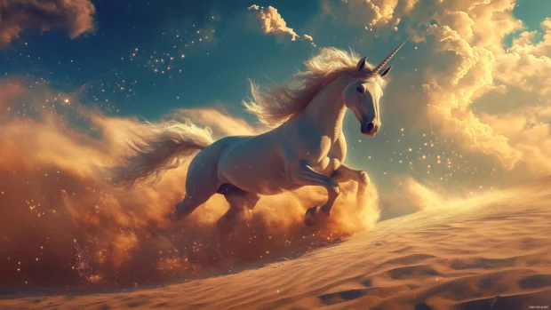 This unicorn wallpaper 4K shows the creature galloping across glowing sand dunes.