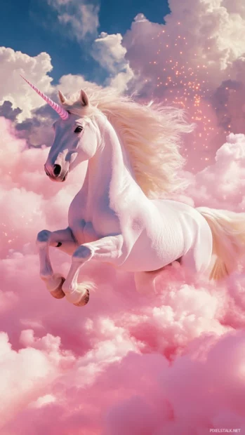 This unicorn wallpaper for iPhone shows the creature galloping through clouds of cotton candy.