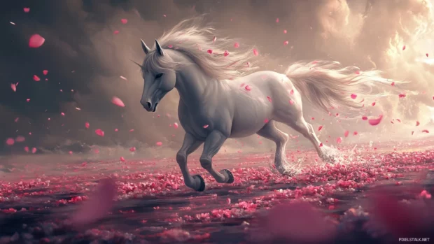 This unicorn wallpaper reveals the creature walking through floating petals.