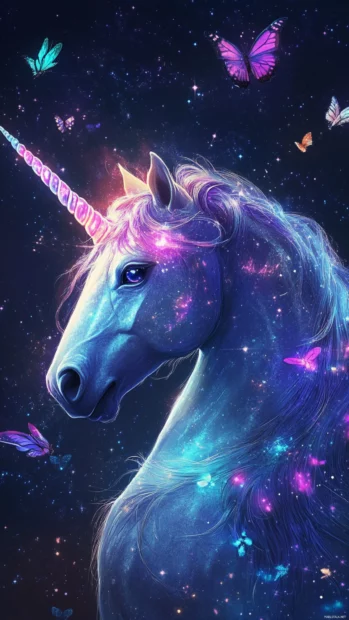 This unicorn wallpaper shows a glowing horn surrounded by stars and butterflies.