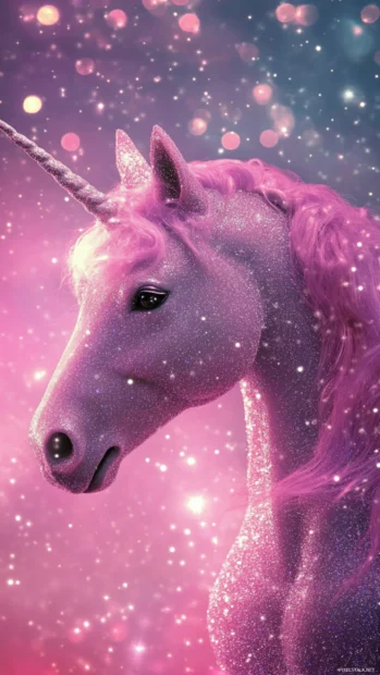 This vertical Pink Unicorn Wallpaper for glows with glitter and twinkling lights.