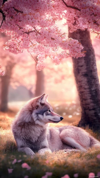This vertical artwork shows a silver wolf resting beneath cherry trees in bloom, captured for a beautiful wolf.