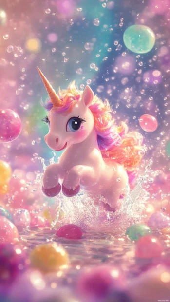 This vertical cute unicorn iPhone wallpaper shows a unicorn splashing in a jellybean pond.