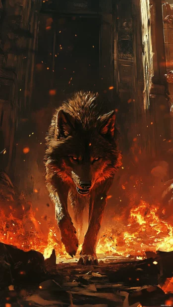 This vertical red wolf iPhone wallpaper shows the creature walking through ember lit ruins.