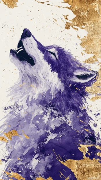 This vertical watercolor wolf wallpaper features purple and grey tones mixing with gold leaf textures.