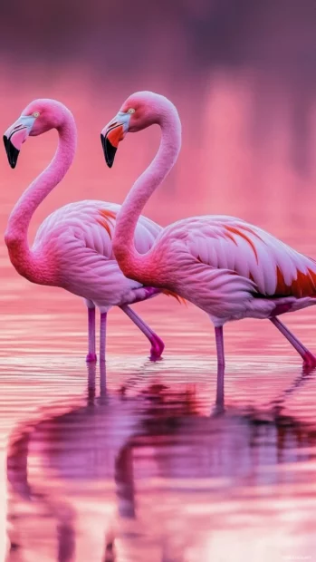 Three flamingos strolling in soft pastel waters, perfect for HD phone wallpaper.
