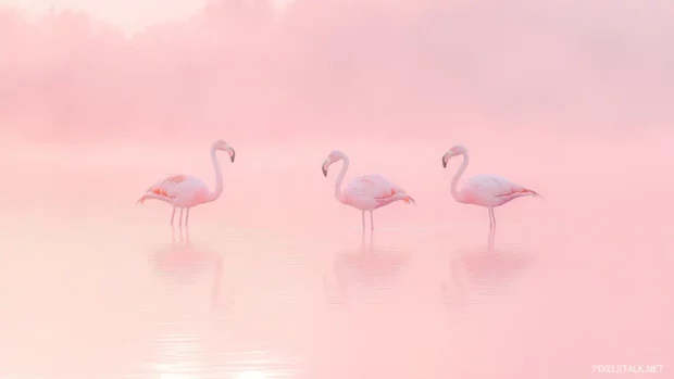 Three flamingos wading in pink water at sunset with soft pastel tones.