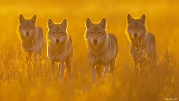 Through tall grass, wolves walk calmly as their coats reflect warm sunset tones.