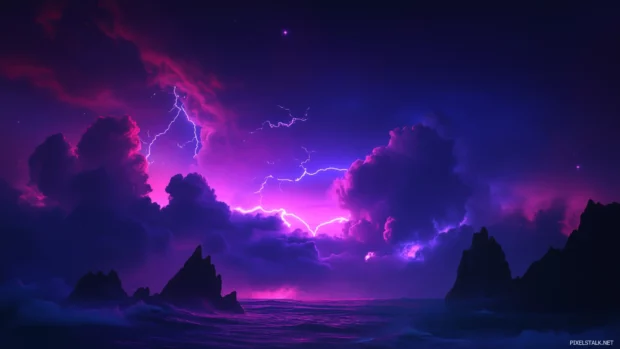 Thunderstorm night sky, bright lightning strikes illuminate horizon.