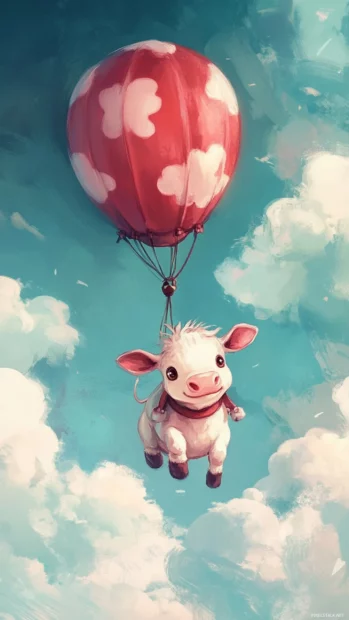 Tiny Cute Cow riding a balloon into the clouds.