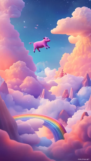 Tiny Pink Cow jumping over a rainbow in a dreamscape.