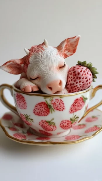 Tiny Strawberry Cow sleeping inside a teacup with strawberry prints.