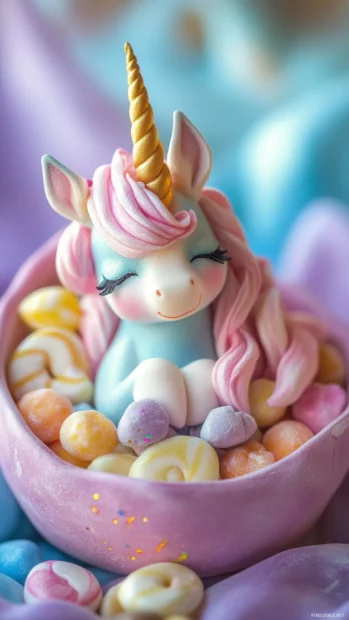 Tiny Unicorn curled up in a candy bowl.