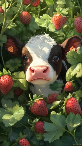 Tiny cow hiding in a strawberry patch.