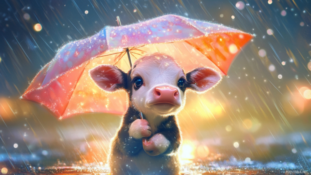 Tiny cow holding pastel umbrella with sparkles.