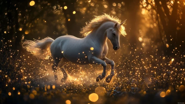 Tiny sparkles whirl in the air as the unicorn runs free under starlight.