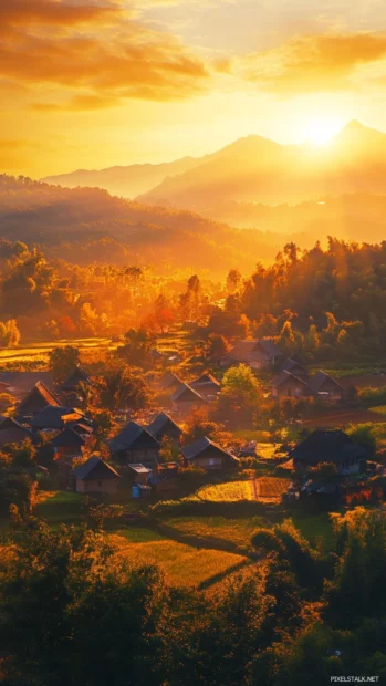 Tiny village waking up to a bright warm sunrise.