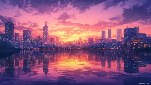 Tokyo Cityscape Wallpaper glowing in colorful twilight reflections.